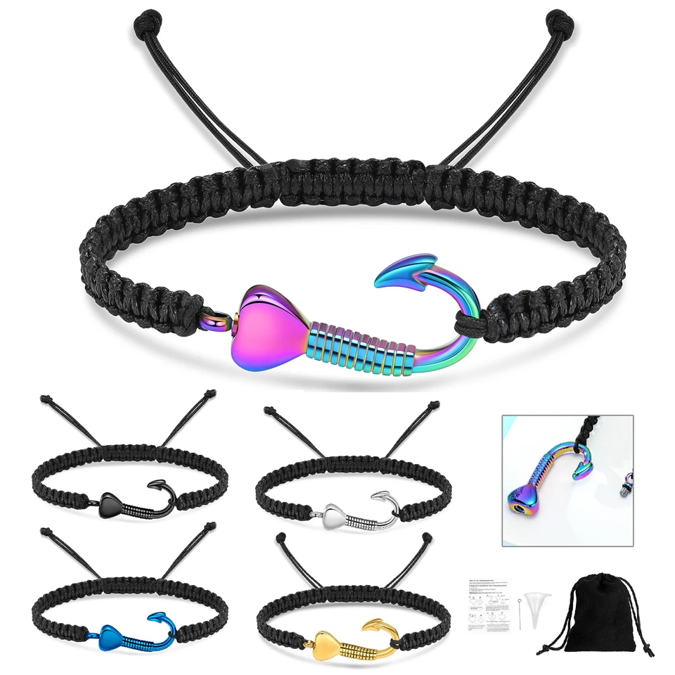 Fish Hook Urn Keepsake Pendant Cremation Jewelry For Ashes Braided Rope Bracelet - Image 1 of 1