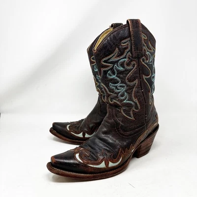 Corral 牛仔靴女式 6M 码深棕色皮革绿松石拼接 — 第 1/4 张图片