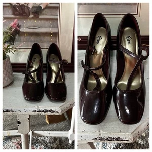 Vintage 90s Chunky Heel Platform Mary Jane Shoes Burgundy Preppy T Strap 7.5 - Picture 1 of 8