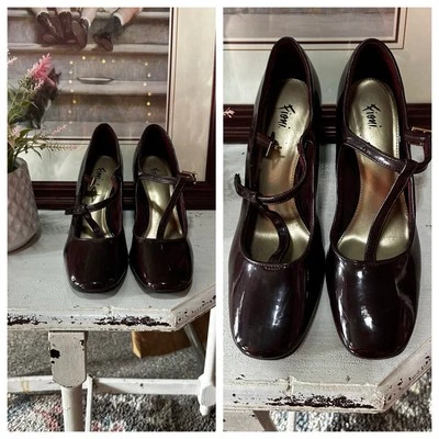 Vintage 90s Chunky Heel Platform Mary Jane Shoes Burgundy Preppy T Strap 7.5 - Image 1 of 4