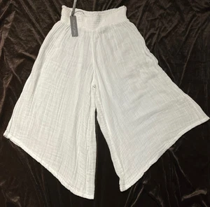 Michael Stars White Asymetrical Cropped Gauze Pants Elastic Waist Size L NEW NWT - Picture 1 of 17