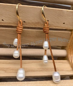9-10mm Natural White Freshwater Pearl Dangle Leather Rope Gold Hook Earrings - Picture 1 of 6