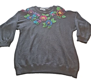 80's Pullover Sweater 18W Ramie Cotton Sparkle Rhinestones Holiday Black Retro - Picture 1 of 8