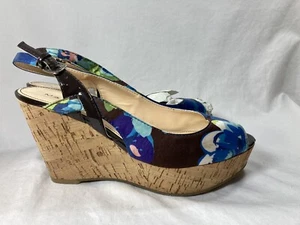 MARC FISHER GENOA2 blue Multi Color FLORAL CORK WEDGE PLATFORM SIZE 7.5 US - Picture 1 of 9