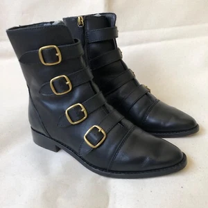 J.Crew Multi Buckle Leather Zip Boots Black VG - Picture 1 of 9