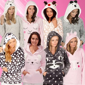 Ladies Bed Jacket With Hood Kangaroo Pocket Womes Loungewear Nightwear Animals - Picture 1 of 15