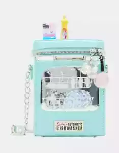 Betsey Johnson Kitsch Clean Or Dirty Blue Dishwasher Fry Pan Zip Pull Crossbody - Picture 1 of 7