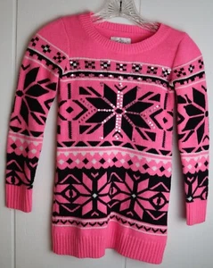VTG Y2K Justice Hot Pink Black Sparkle Snowflake Sweater Girls Size 8 - Picture 1 of 5