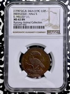 (1790s) G.B. Middlesex Hall's 1/2 Penny Conder Token NGC MS62BN Lot#G9807 Toucan - Picture 1 of 3