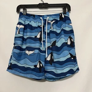 Swim Trunks Board Shorts Boys Size 12 100% Polyester Whale Blue lined Drawstring - Picture 1 of 12