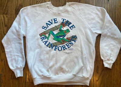Sudadera De Colección Años 90 Save The Rainforest Cuello Redondo Talla XL EE. UU. Hecha en la Naturaleza Rana Foto 1 de 4