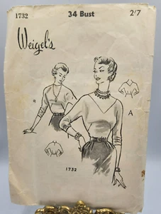 Sewing pattern ladies blouse top weigels 1732 size bust 34 inches cut vintage - Picture 1 of 7