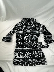 Victoria's Secret "Pink" Black and White geometric Plush Belted Robe Sz XS, EUC - Picture 1 of 6