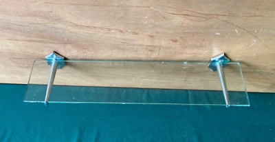 Antique 22" Glass Shelf Chrome Plated Brass Deco Wall Brackets Hoegger 393-24E - Image 1 of 4