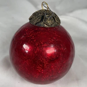 antico Kugel tedesco crackle sfera vetro ornamento Natale colore rosso tappo ottone - Foto 1 di 7