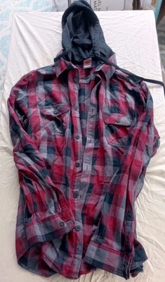 Tony Hawk Long Sleeve Button Shirt With Hood XXL Red Gray Black - Image 1 of 4