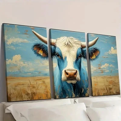 3pcs Blue & White Bull with Yellow Tags Wall Art Canvas Framed 50x70cm - Image 1 of 2
