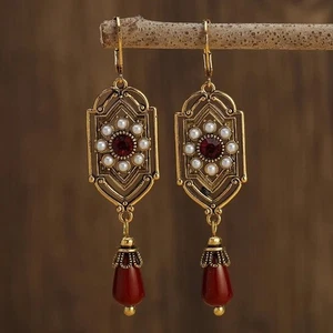 Vintage Ohrringe Gold quadratisch roter Stein für Damen, Perlenimitat Brautschmuck - Bild 1 von 24