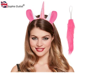 2Pcs Unicorn Fancy Dress Set Ears Headband & Tail Pink Animal Hen Party Horn UK - Picture 1 of 6