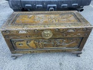 Vintage Oriental Chinese Asian Carved Wooden Chest 34.75x16.75x18 - Picture 1 of 4
