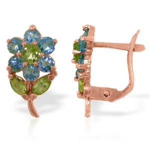2.12 Carat 14K Solid Rose Gold Flowers Stud Earrings Blue Topaz Peridot - Picture 1 of 4