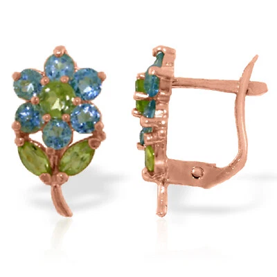 2.12 Carat 14K Solid Rose Gold Flowers Stud Earrings Blue Topaz Peridot - Image 1 of 4