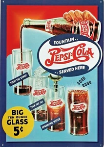 PLAQUE METAL USA vintage PEPSI COLA fountain served here - 43 X 30 cm - Imagen 1 de 1