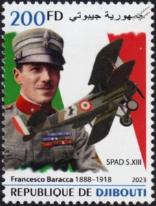 WWI FRANCESCO BARACCA Italy Flying Ace SPAD S.XIII Aircraft Stamp 2023 Djibouti - Picture 1 of 1