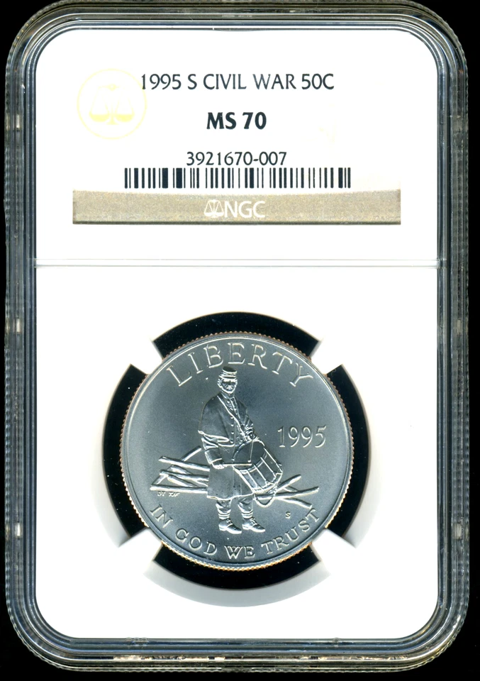 RARE "PICKET FENCE" RIM ERROR  1995-S Civil War 50c NGC MS70 UN-TONED - Image 1 of 4