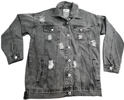 Chaqueta de mezclilla BKE para mujer pequeña gris envejecida con tachuelas rasgado Longline Shacket Y2K Foto 1 de 4