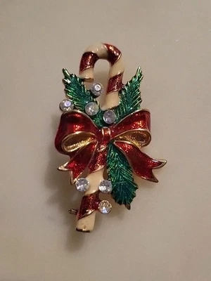 Broche Bastón de Caramelo Navidad Vintage Esmalte Blanco Cristales Bling Foto 1 de 4