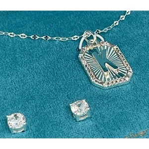 Orecchini collana ciondolo iniziale placcato argento 'K' (set 2 pezzi) borchia solitaria NUOVI - Foto 1 di 15