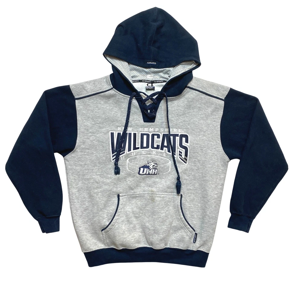 VINTAGE New Hampshire Wildcats Hoodie Mens M Gray Navy Lace Up Pullover CI Sport - Image 1 of 4