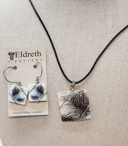Eldreth Pottery Pendant Necklace Earrings  Porcelain Tile Nature 2 side sterling - Picture 1 of 13