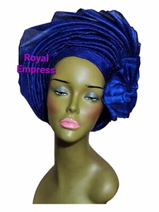 Aso-Oke African Headtie Auto Gele, Royal Blue Empress Headwear - Imagen 1 de 2