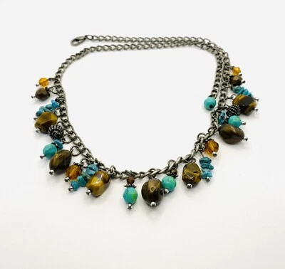Collar Cuelga Tono Estaño 18”+3” Ojo de Tigre Imitación Turquesa Cuelga Cuentas Joyero Foto 1 de 4