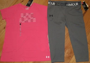 Under Armour wordmark top & capris crop leggings set NWT girls' XL YXL pink gray - Picture 1 of 2