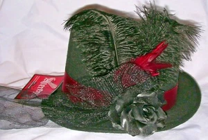 NEW Fancy Top Hat Black Rose Veil Bow Feather Steampunk Fedora Red Ribbon Sash - Picture 1 of 8