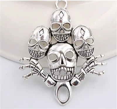 HUGE SKULLS BONES PAGAN DEATH EVIL Pendant 26" 925 Sterling Silver Necklace Men - Image 1 of 4