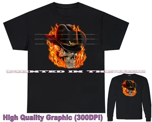 Flaming Cowboy Skull Western Hat With Bullet Hole Graphic Black T Shirt S-5X - Picture 1 of 6