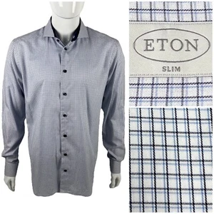 Eton Mens 43 - 17 Shirt Blue Checks 100% Cotton Made In Europe Long Sleeve - Picture 1 of 11