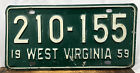 1959 West Virginia License Plate 210-155 Green White Vintage
