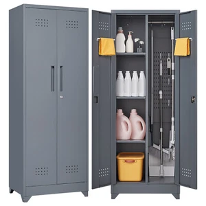 Metal Broom Storage Cabinet, Broom Closet with Pegboard and Hanging Rod 65" H - Picture 1 of 31
