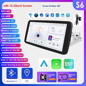 Single 1 DIN Rotatable 10.33" Android 13 QLED Screen CarPlay Radio GPS Wifi 6+64 - Picture 1 of 24