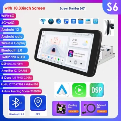 Single 1 DIN Rotatable 10.33" Android 13 QLED Screen CarPlay Radio GPS Wifi 6+64 - Image 1 of 4