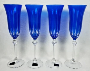 4 Blue Vintage Le Stelle Italian Cut Crystal Flute Champagne Glasses 9" tall - Picture 1 of 14