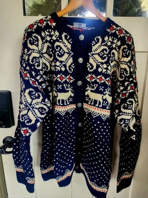 Cárdigan de reno nórdico tejido a mano Tronderstua vintage 100 % lana Oslo Noruega L Foto 1 de 4
