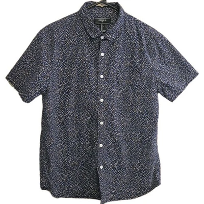 Forever 21 男式纽扣短袖蓝色白色衬衫 100% 棉 L 码 — 第 1/4 张图片