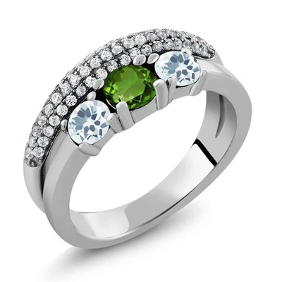 Anillo redondo de plata de ley 925 aguamarina azul cielo diopsido cromo verde de 1,65 quilates Foto 1 de 2