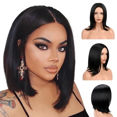 Peruca bob reta curta preta, sem renda frente sintética cabelo completo perucas cosplay cabelo - Imagem 1 de 4